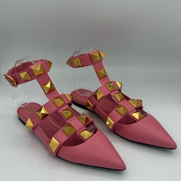 Valentino Roman Stud Leather Ankle Strap Flat Pink IT 37/ US 7 - Picture 2 of 14